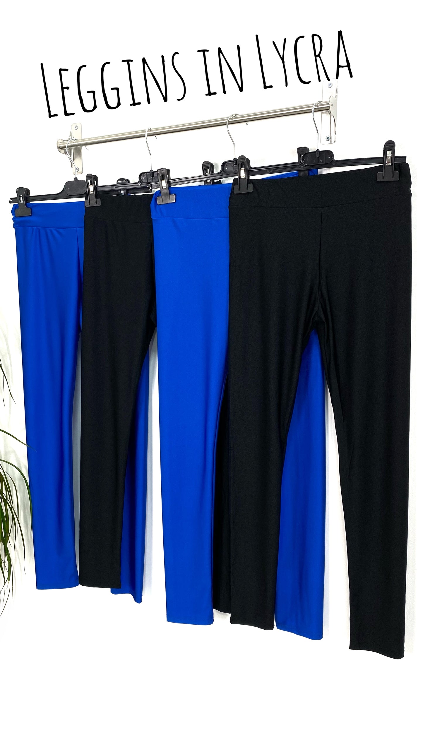 Leggins da donna in lycra vita alta colore blu elettrico e colore nero.