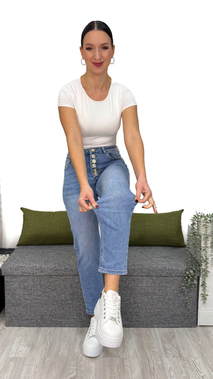 JEANS MOM-FIT BOTTONI FIORI