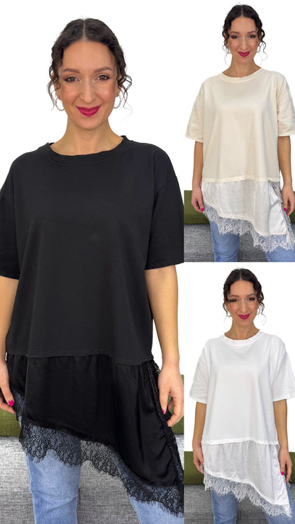 T-SHIRT TAGLIO OBLIQUO CON PIZZO