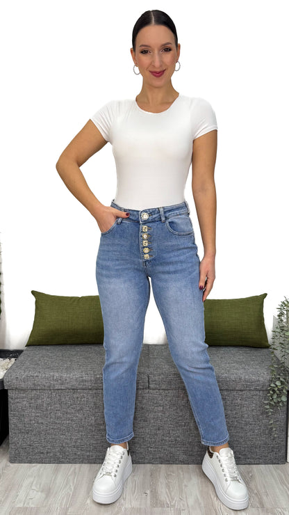 JEANS MOM-FIT BOTTONI FIORI