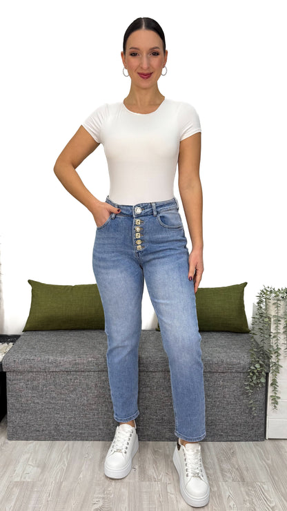 JEANS MOM-FIT BOTTONI FIORI