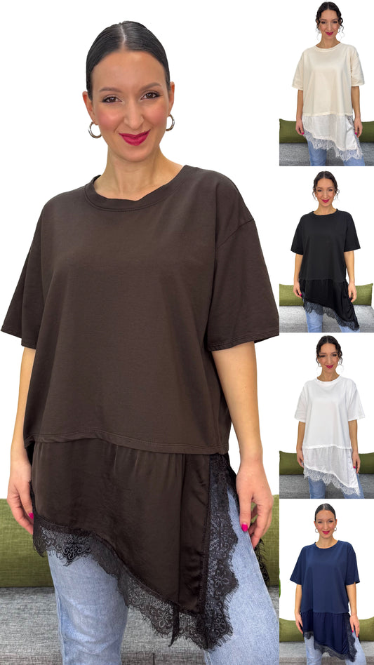 T-SHIRT TAGLIO OBLIQUO CON PIZZO
