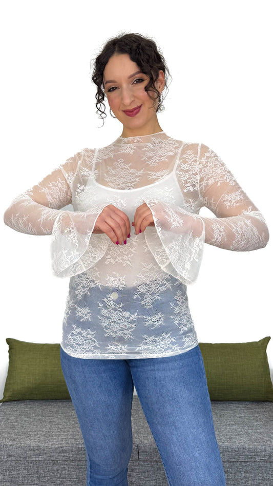 MAGLIA IN PIZZO BIANCA CON MANICHE VOLANT